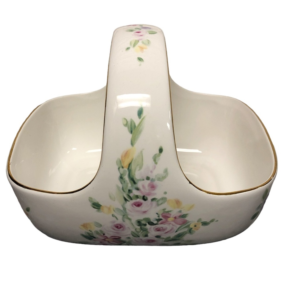 Vintage TELEFLORA GIFT‎ Ceramic Basket Floral Gold Trimmed Collectible Easter 8”